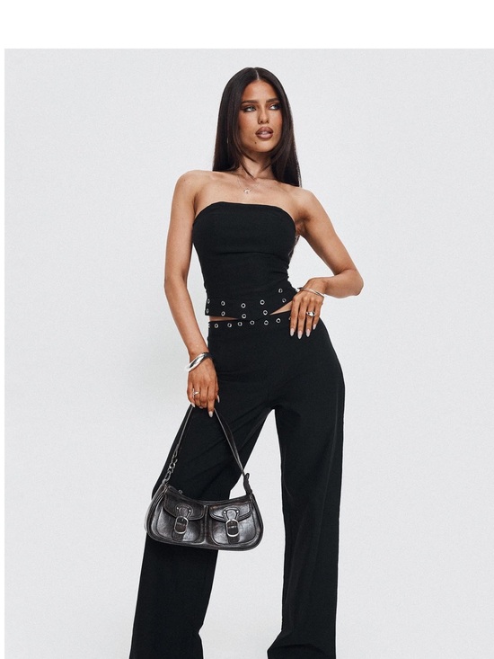 Princess Polly Pants - Princess Polly Black Wide-Leg Pants with Silver Waist Detail